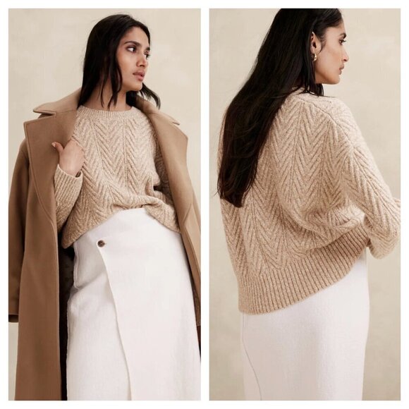 Banana Republic Nadia Cable Knit Crewneck Sweater in Beige Tan Women's XS - Picture 1 of 8